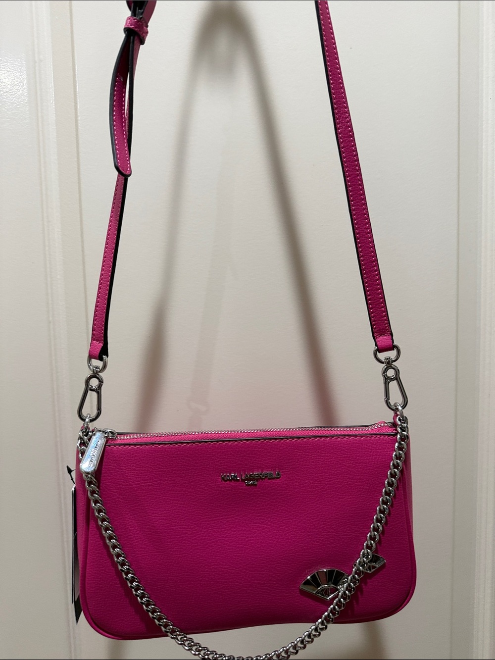 KARL LAGERFELD NWT Fuchsia Leather Crossbody with Silver Chain - Picture 9 of 10